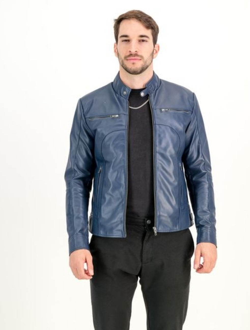 Men's Classic Slim Fit Navy Leather Jacket