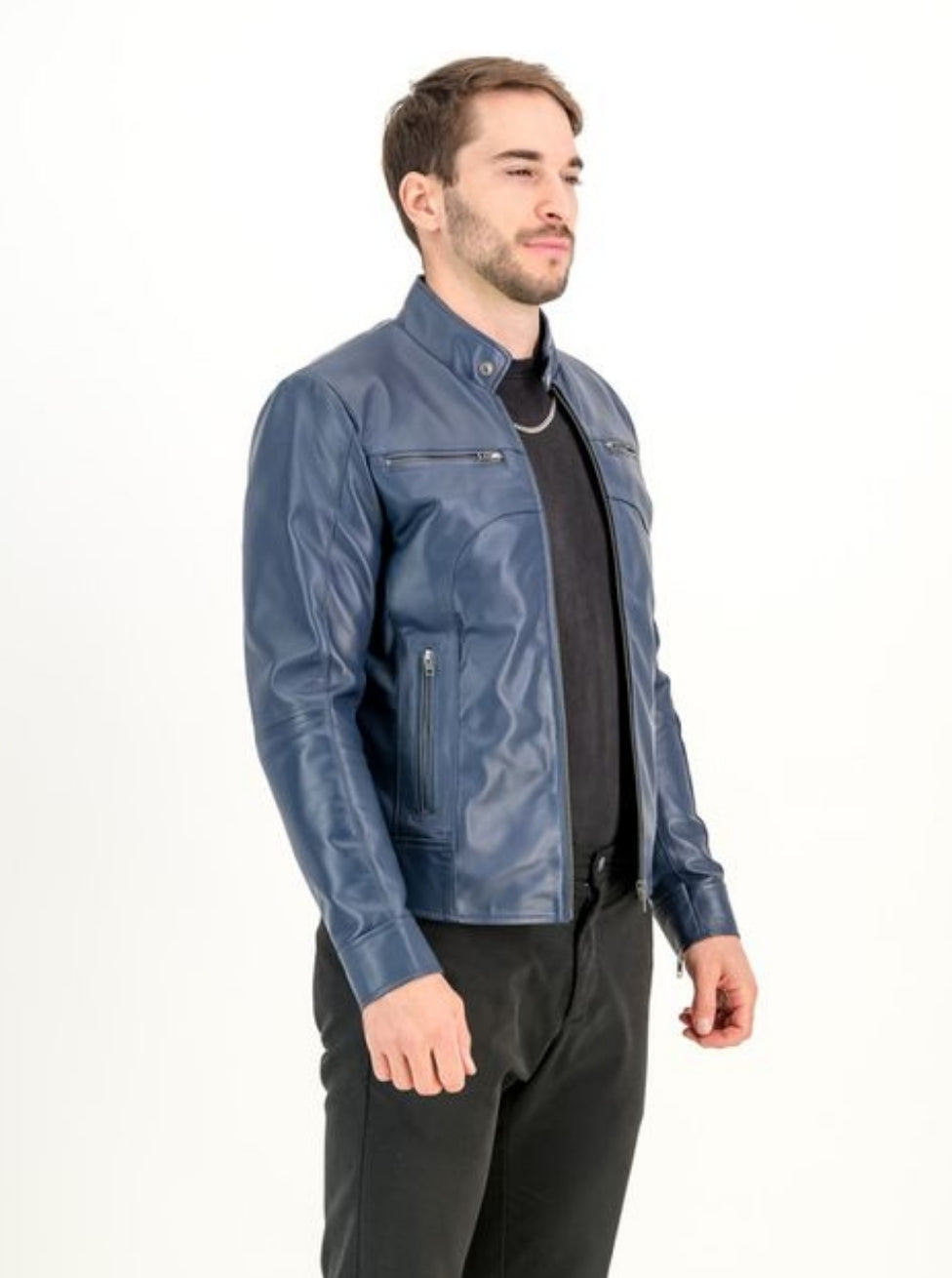 Men's Classic Slim Fit Navy Leather Jacket