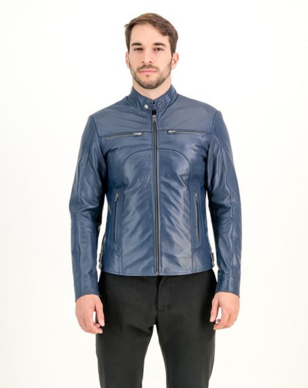 Men's Classic Slim Fit Navy Leather Jacket
