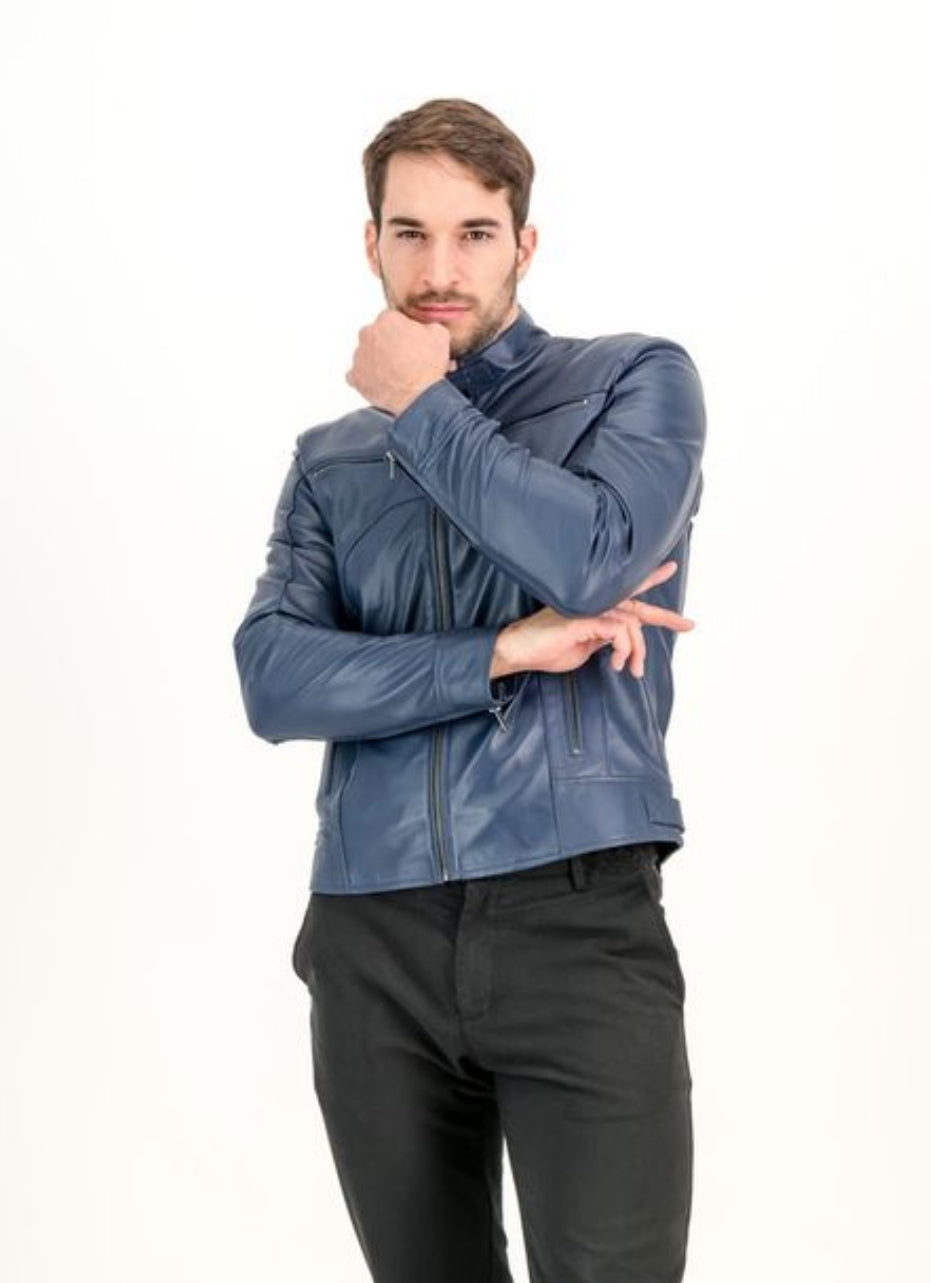 Men's Classic Slim Fit Navy Leather Jacket