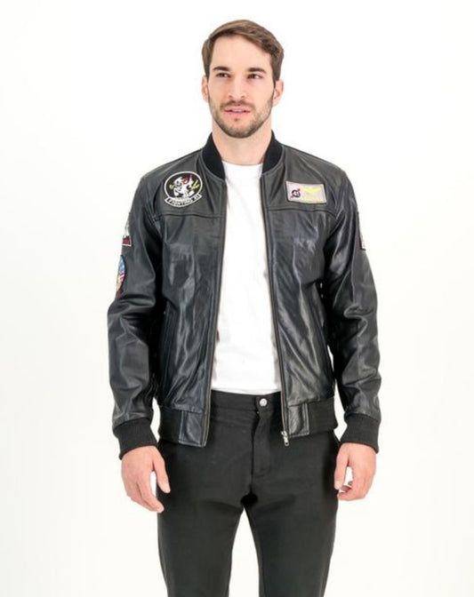 Pilot Bomber Patchwork Leather Jacket (Black)