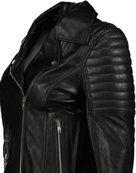 Women Sporty Biker Black Leather Jacket