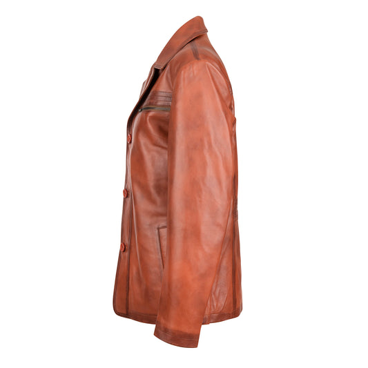 Men's Charles Classic Long Waxed-Brown  Leather Jacket.