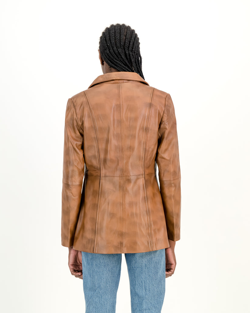 Women's Selena Long Coat  Waxed-Brown Leather Jacket