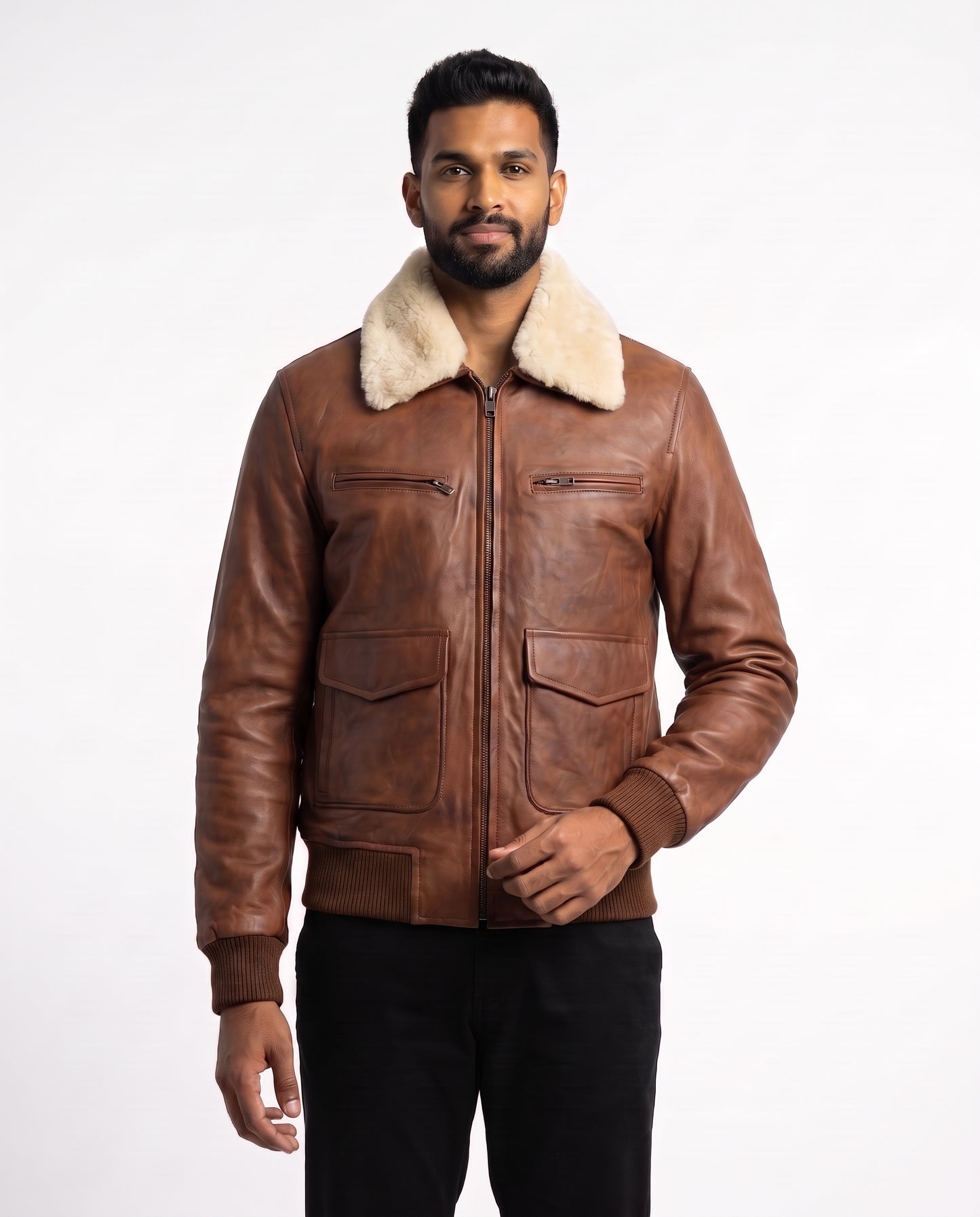 Men's Leather Aviator Bomber Jacket with Removable Fur Collar