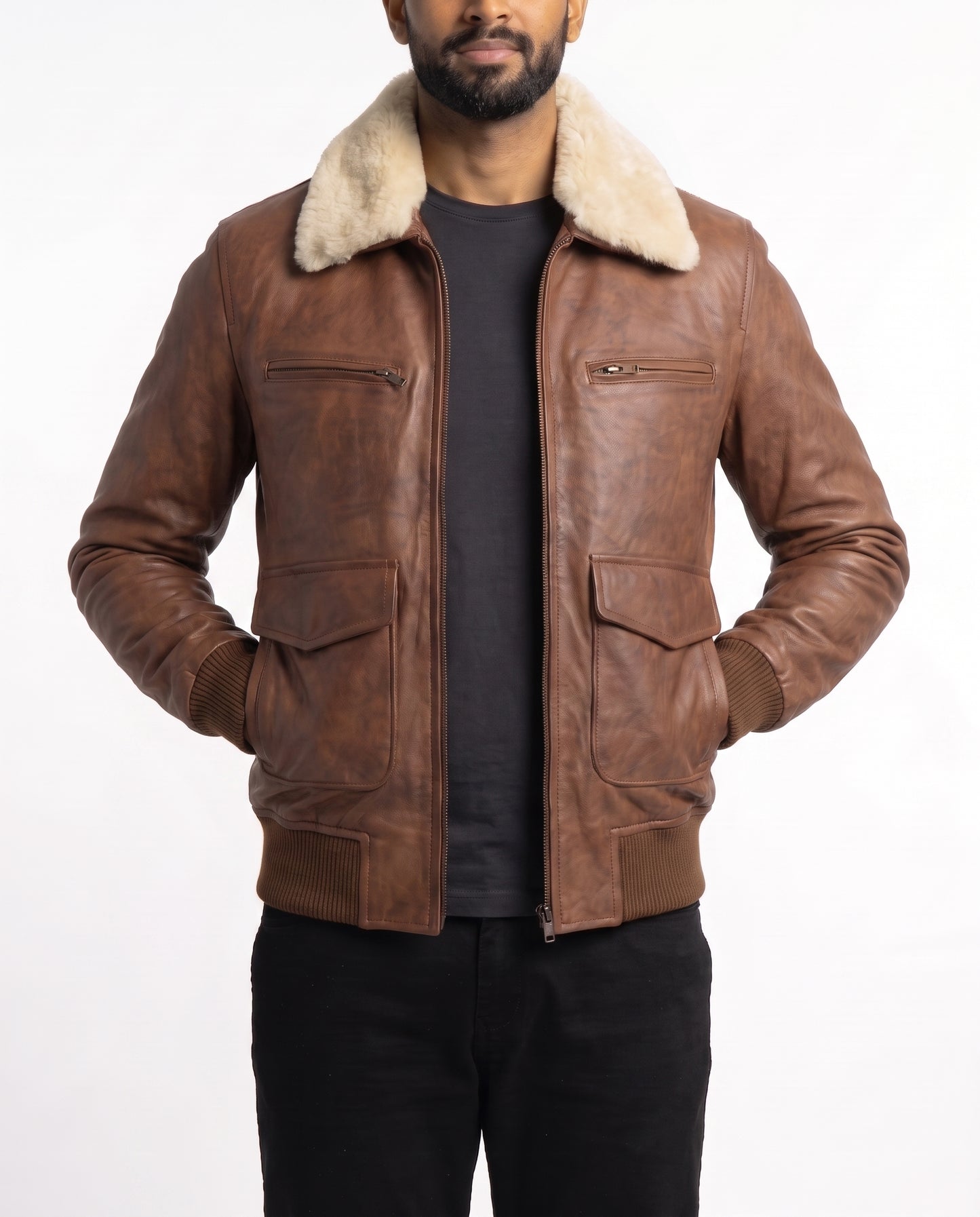 Men's Leather Aviator Bomber Jacket with Removable Fur Collar