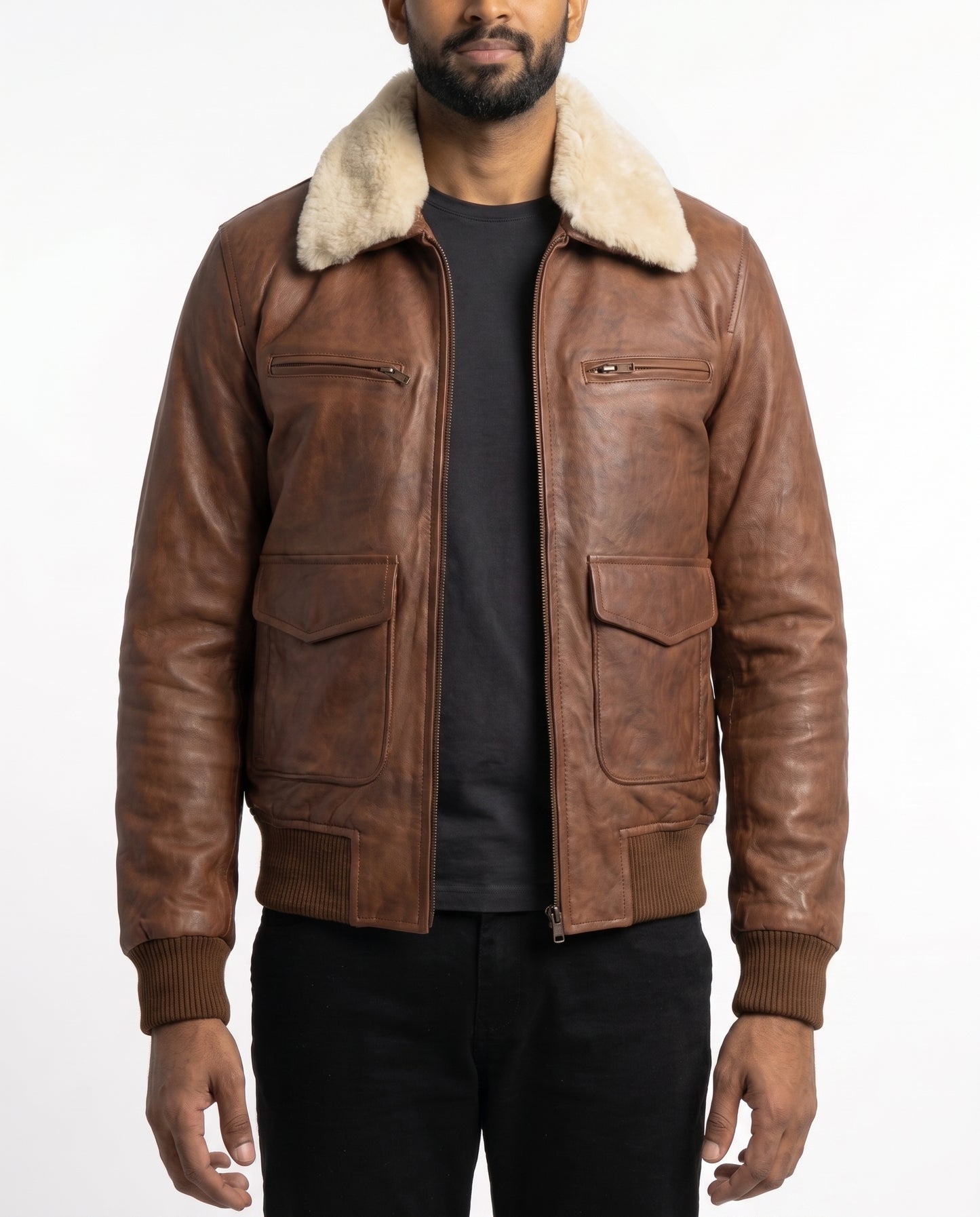 Men's Leather Aviator Bomber Jacket with Removable Fur Collar