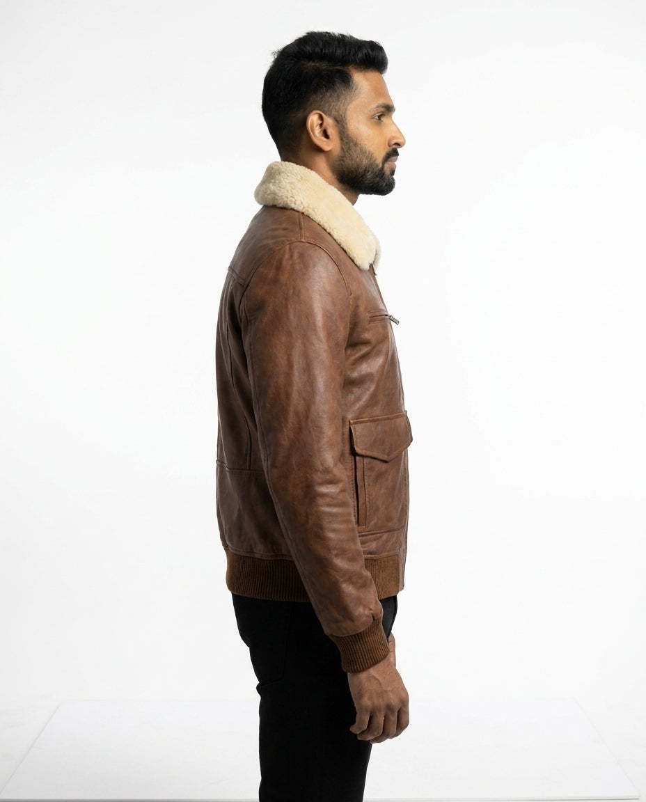 Men's Leather Aviator Bomber Jacket with Removable Fur Collar