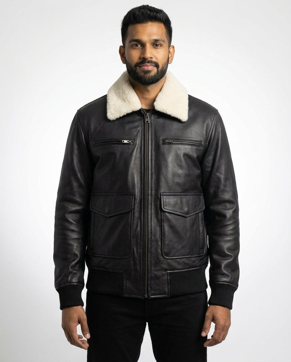Men's Leather Aviator Bomber Jacket with Removable Fur Collar