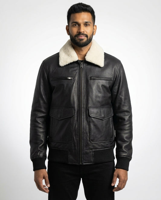 Men's Leather Aviator Bomber Jacket with Removable Fur Collar