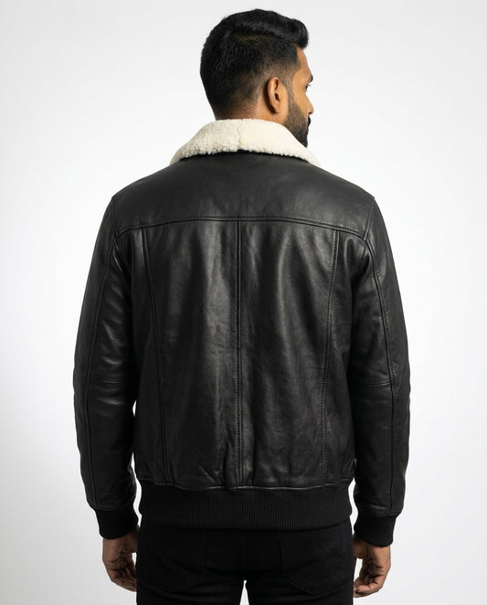 Men's Leather Aviator Bomber Jacket with Removable Fur Collar