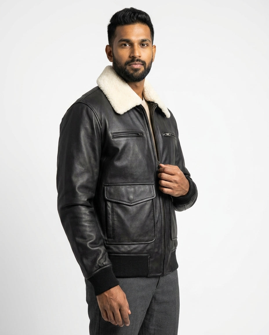 Men's Leather Aviator Bomber Jacket with Removable Fur Collar