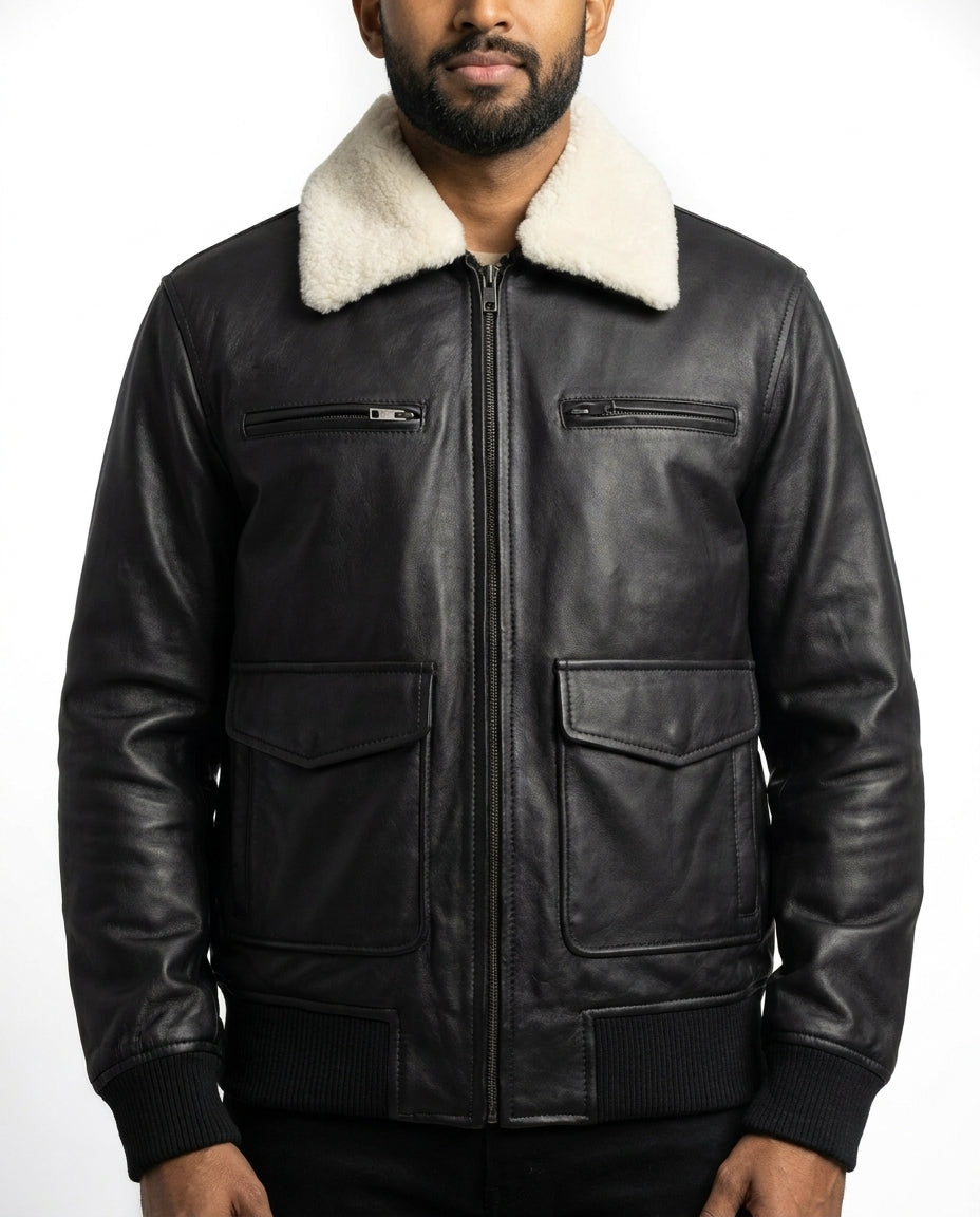 Men's Leather Aviator Bomber Jacket with Removable Fur Collar