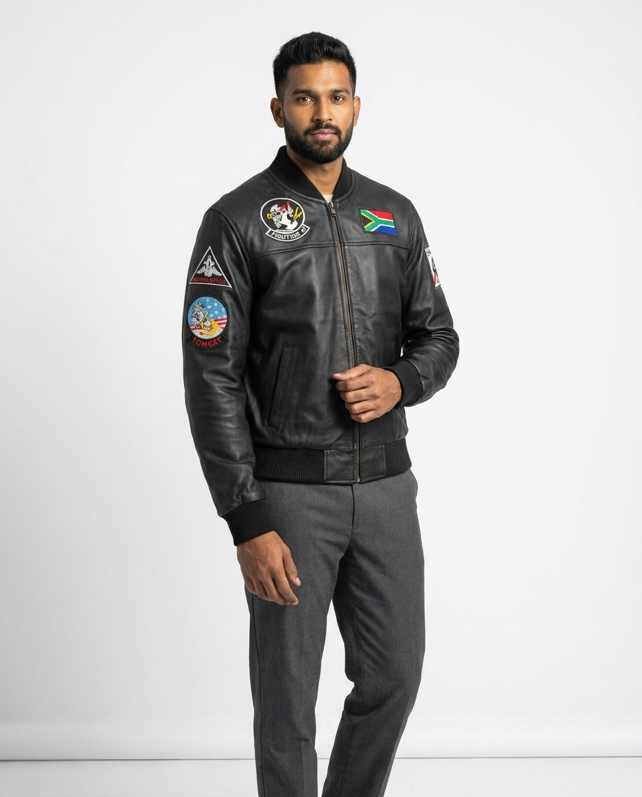 Men's Black Leather Bomber Jacket — SA Flag Edition