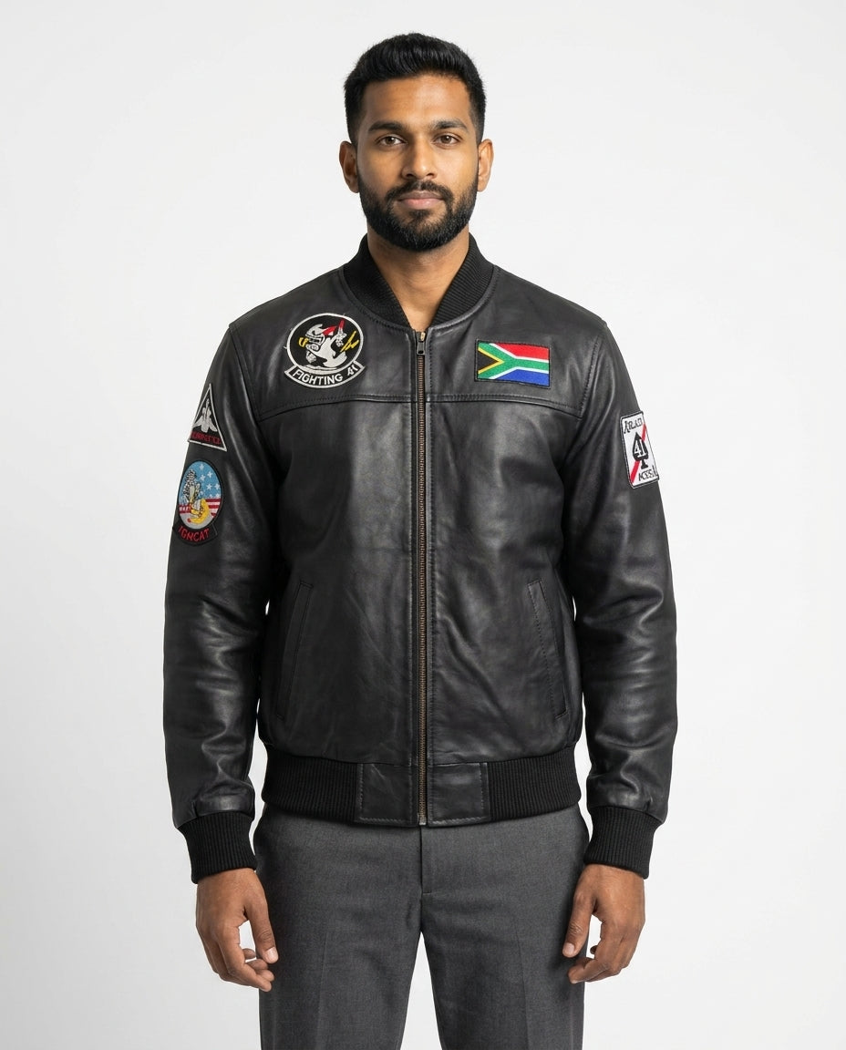 Men's Black Leather Bomber Jacket — SA Flag Edition