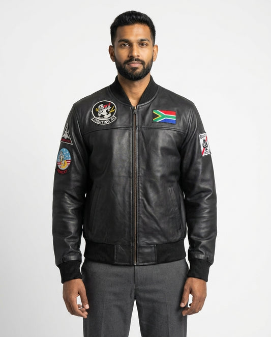 Men's Black Leather Bomber Jacket — SA Flag Edition