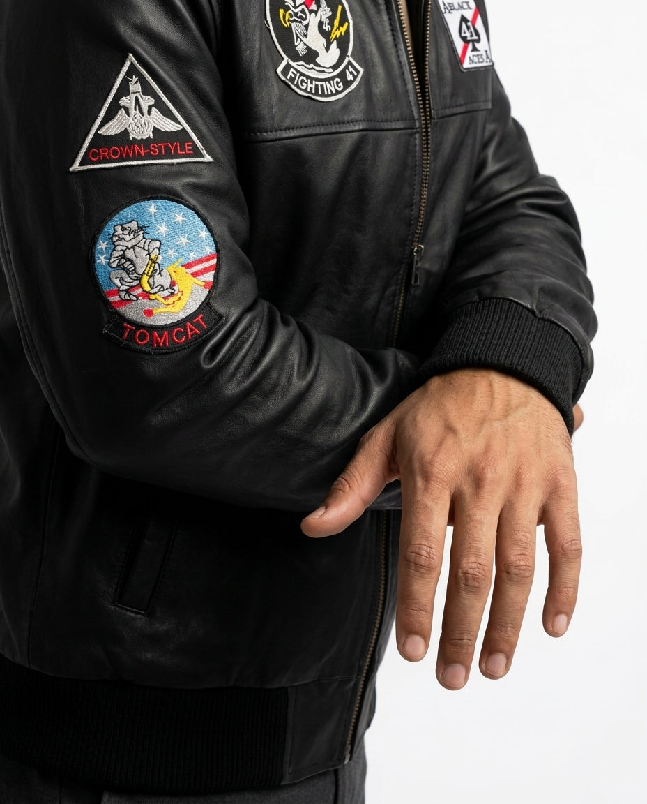 Men's Black Leather Bomber Jacket — SA Flag Edition