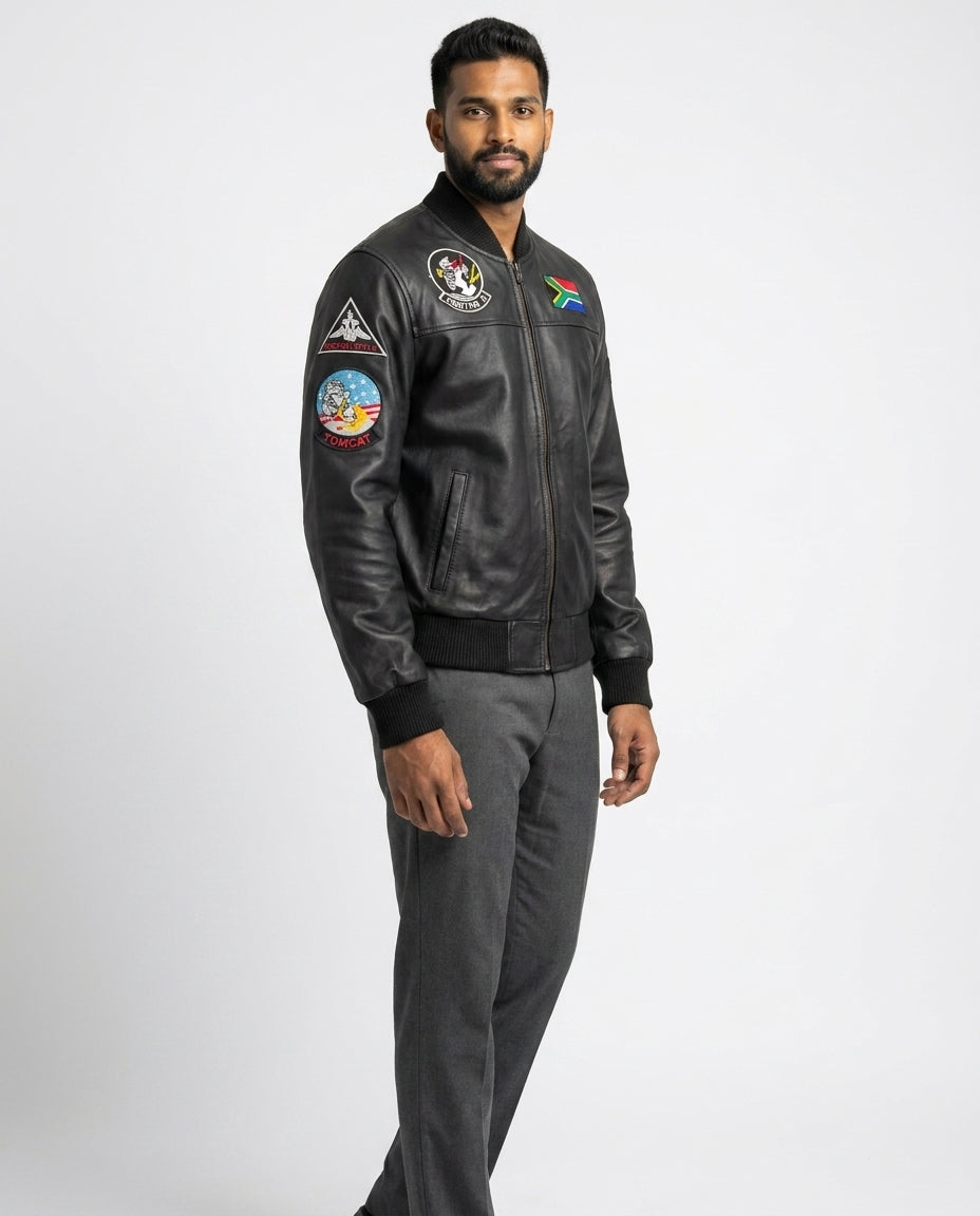 Men's Black Leather Bomber Jacket — SA Flag Edition
