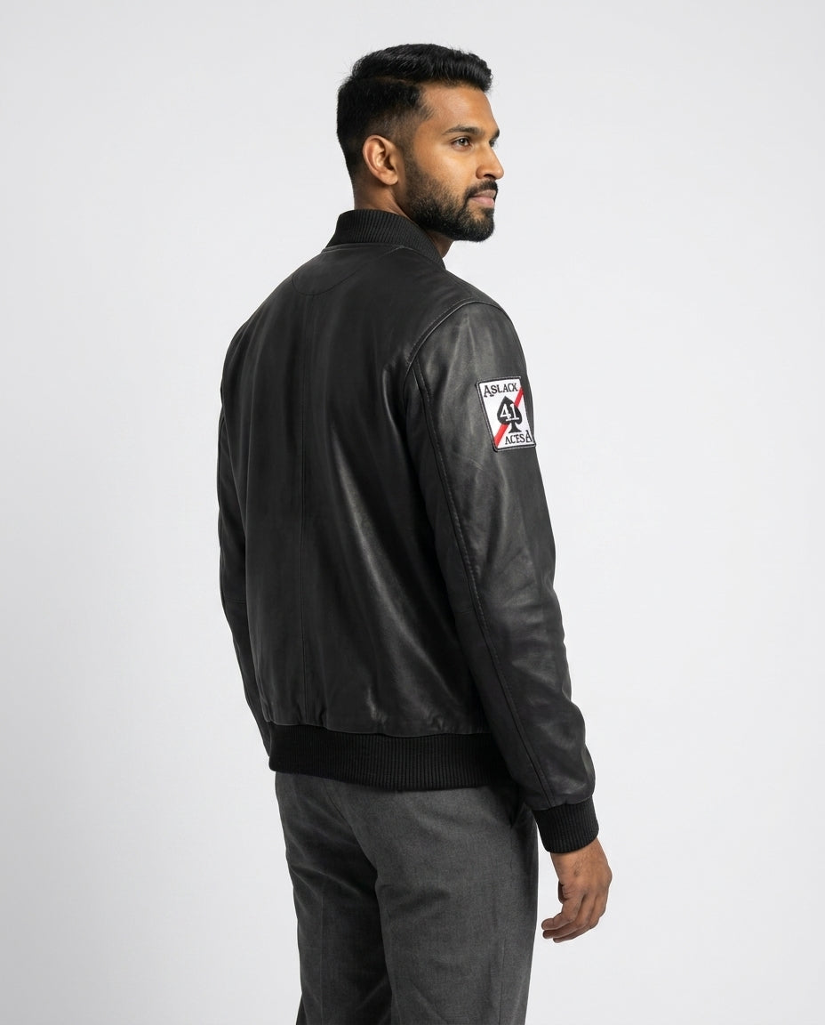 Men's Black Leather Bomber Jacket — SA Flag Edition