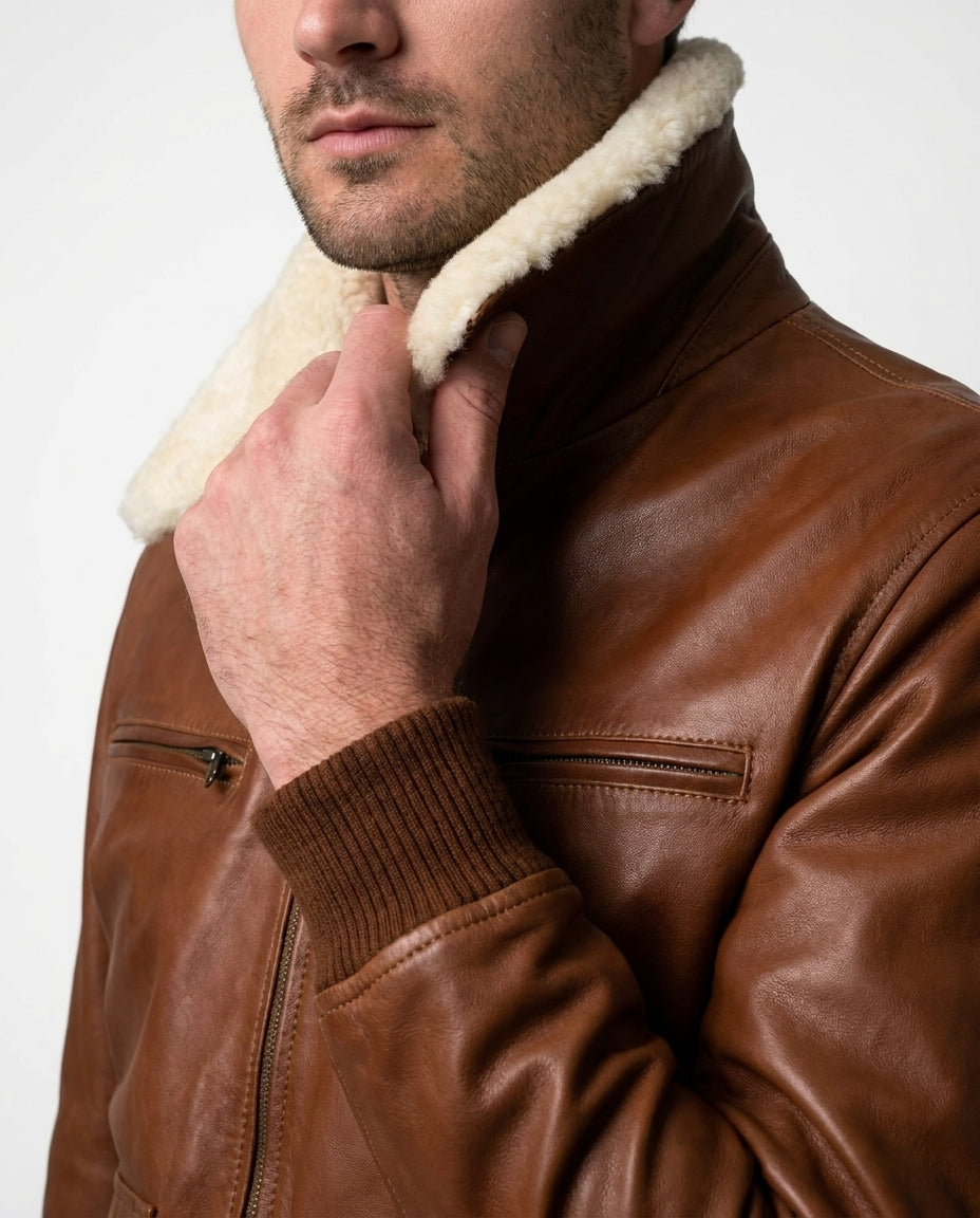 Men's Bomber Fur Waxed-Brown Leather Jacket