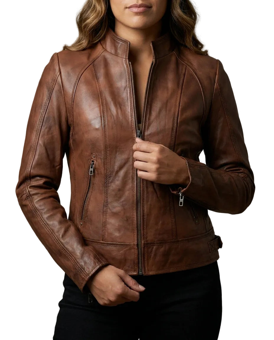 Women's Elba Waxed-Brown 100% Nappa Leather Jacket
