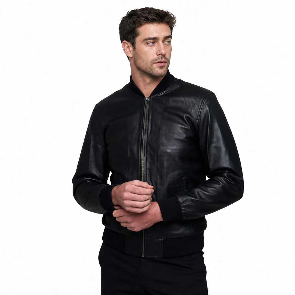 Men's Classic Bomber Plain Black Leather Jacket