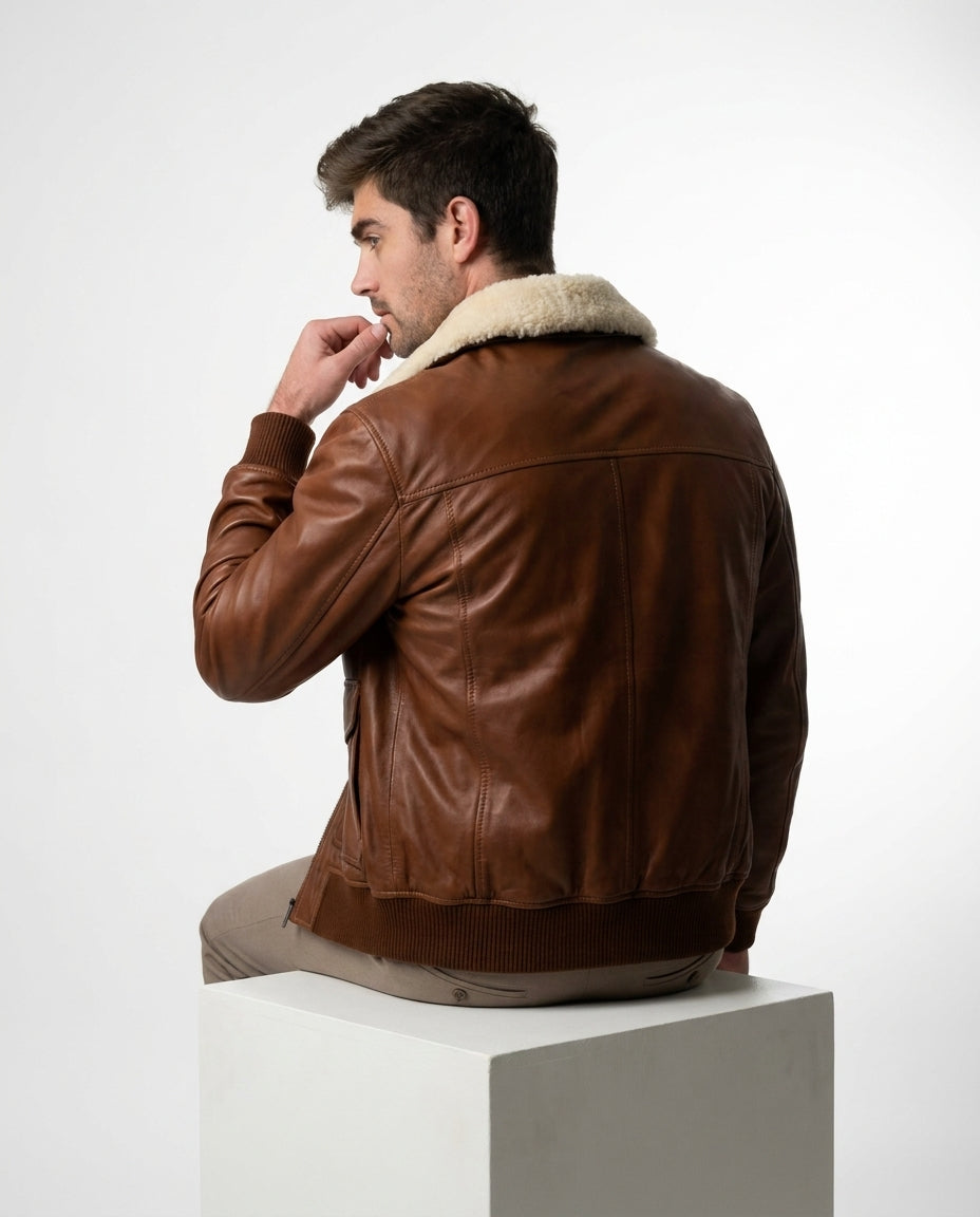 Men's Bomber Fur Waxed-Brown Leather Jacket