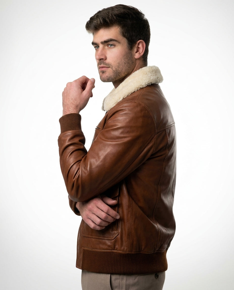 Men's Bomber Fur Waxed-Brown Leather Jacket