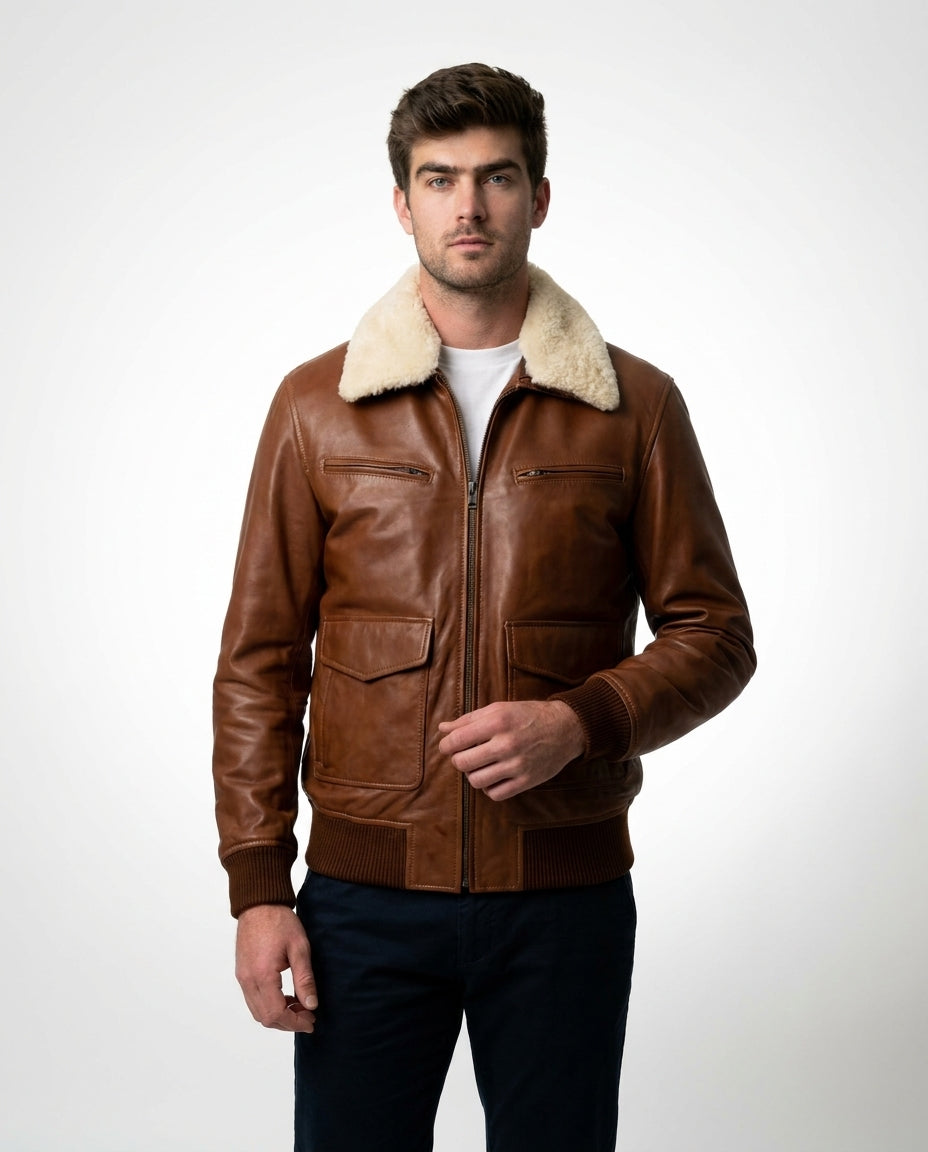 Men's Bomber Fur Waxed-Brown Leather Jacket