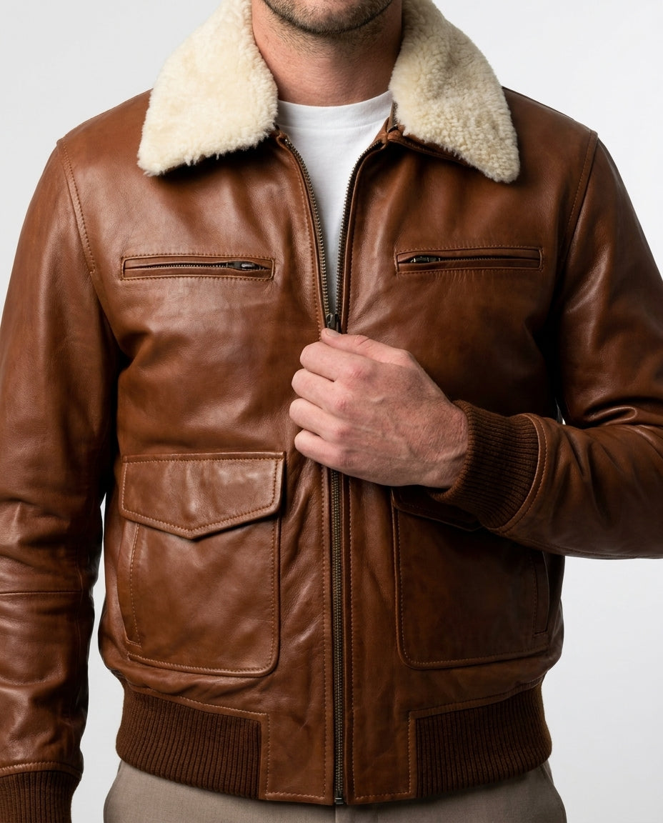 Men's Bomber Fur Waxed-Brown Leather Jacket