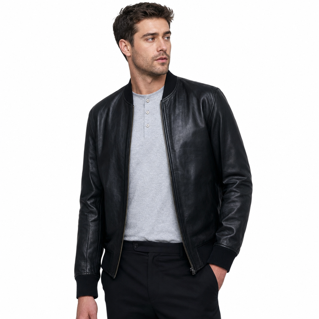 Men's Classic Bomber Plain Black Leather Jacket