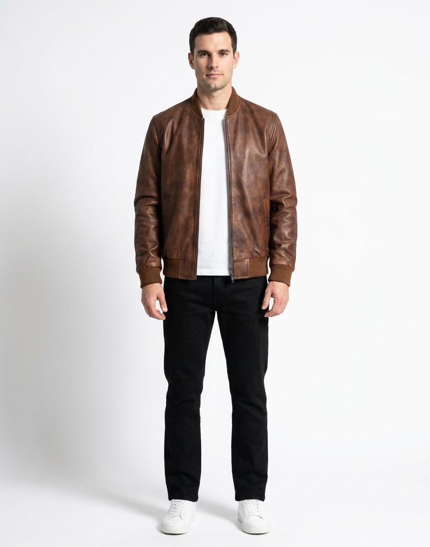 Men's Classic Bomber Plain Waxed-Brown Leather Jacket