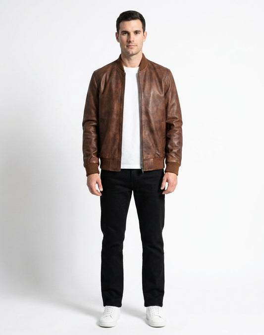 Men's Classic Bomber Plain Waxed-Brown Leather Jacket