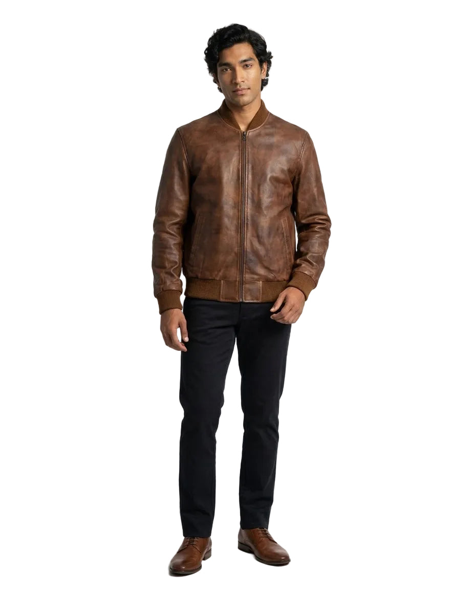 Men's Classic Bomber Plain Waxed-Brown Leather Jacket