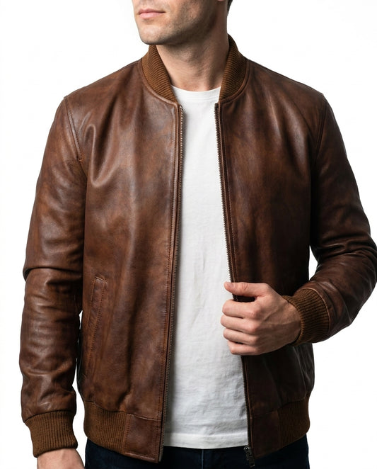Men's Classic Bomber Plain Waxed-Brown Leather Jacket