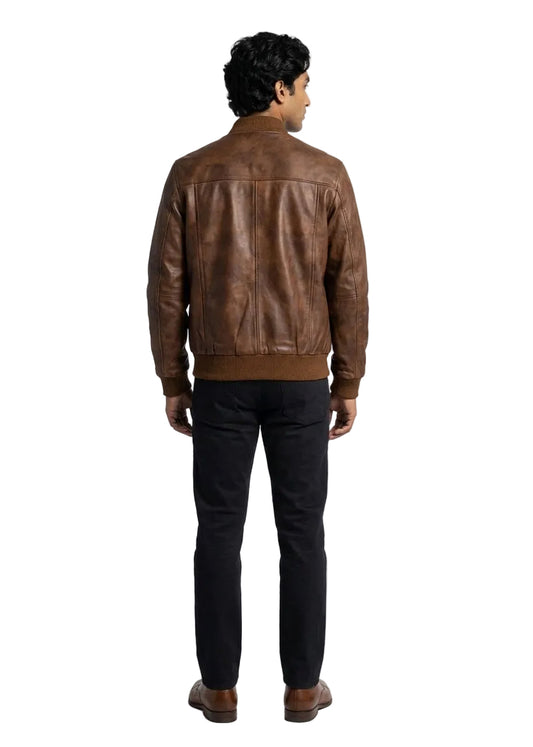 Men's Classic Bomber Plain Waxed-Brown Leather Jacket