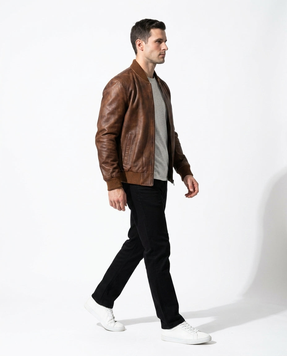 Men's Classic Bomber Plain Waxed-Brown Leather Jacket