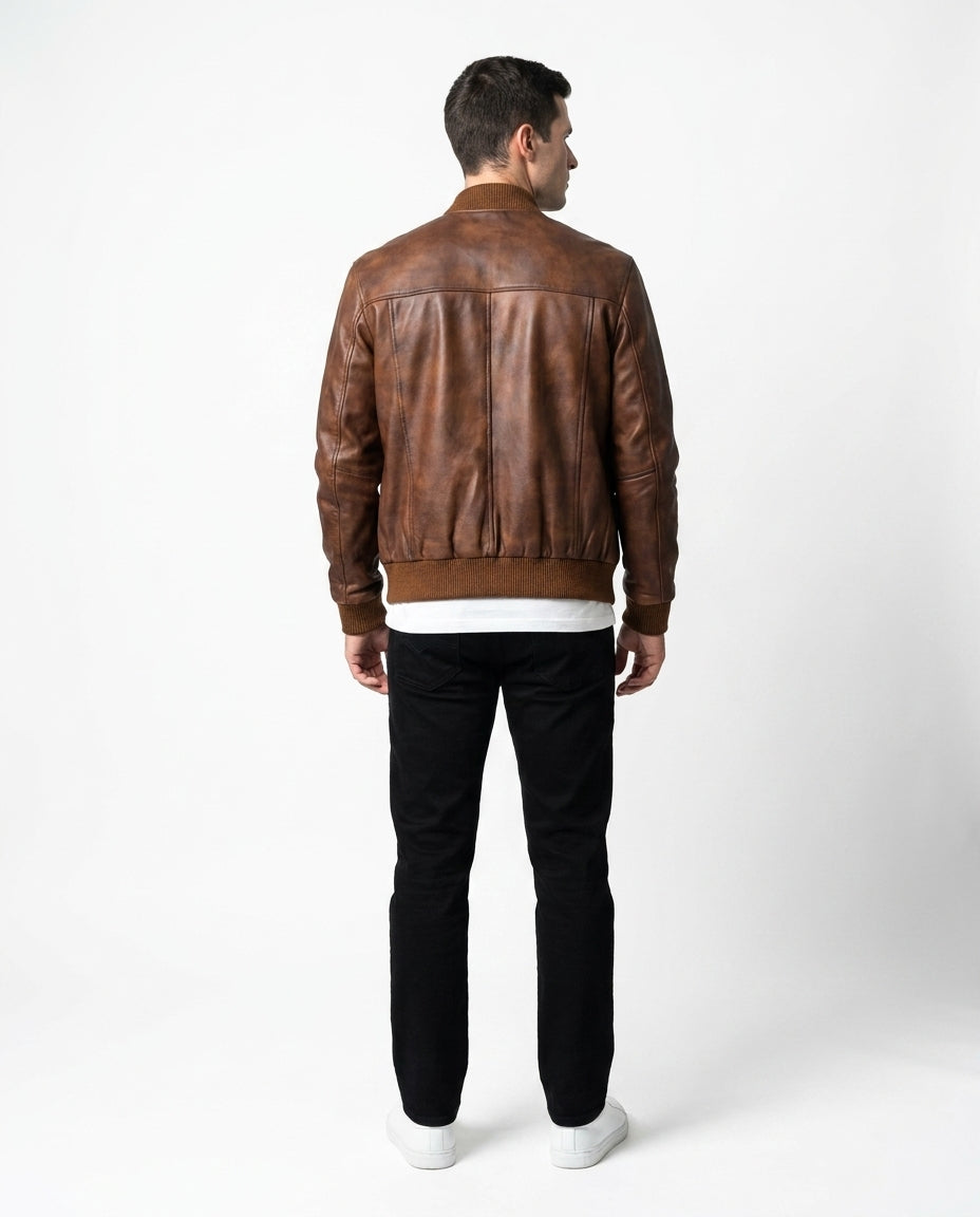 Men's Classic Bomber Plain Waxed-Brown Leather Jacket
