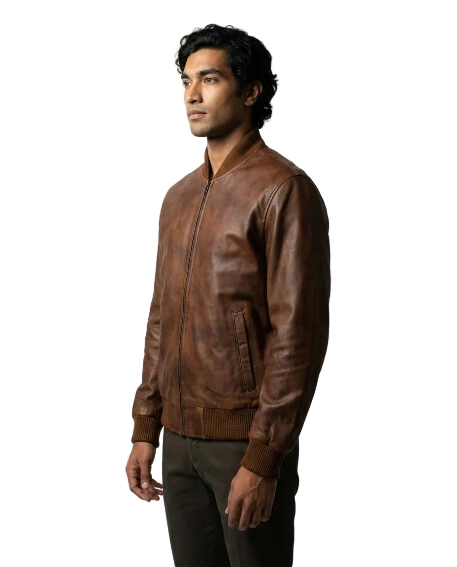 Men's Classic Bomber Plain Waxed-Brown Leather Jacket