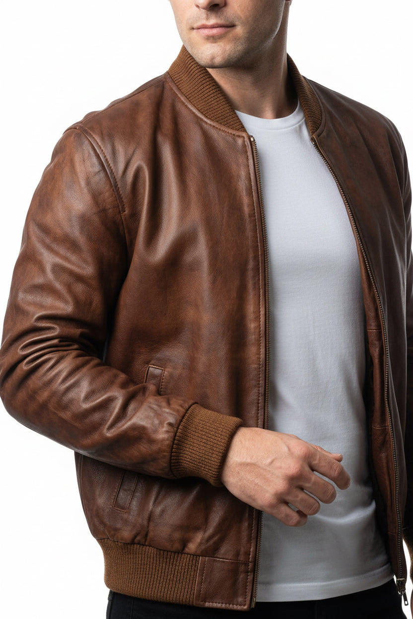 Men's Classic Bomber Plain Waxed-Brown Leather Jacket