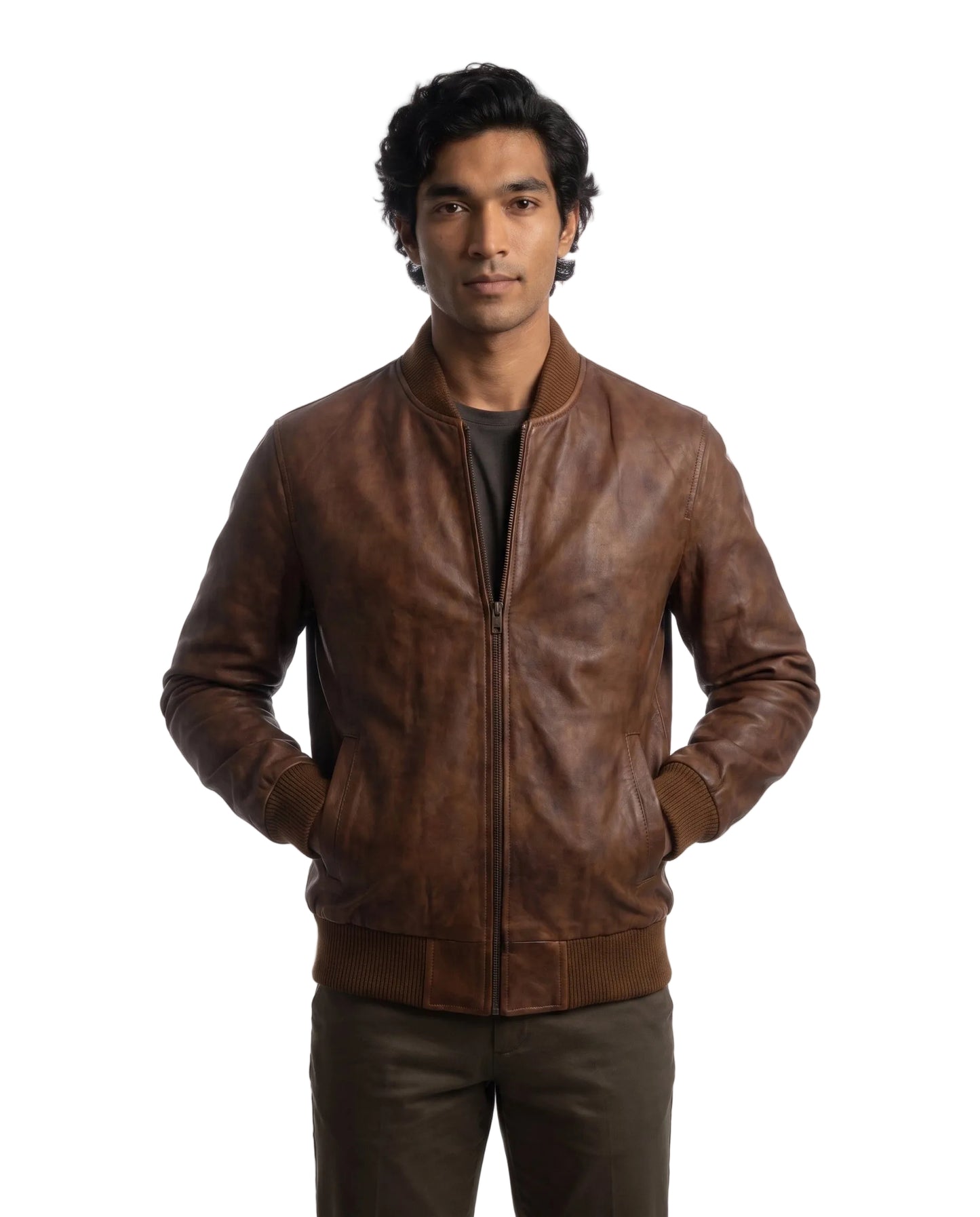 Men's Classic Bomber Plain Waxed-Brown Leather Jacket